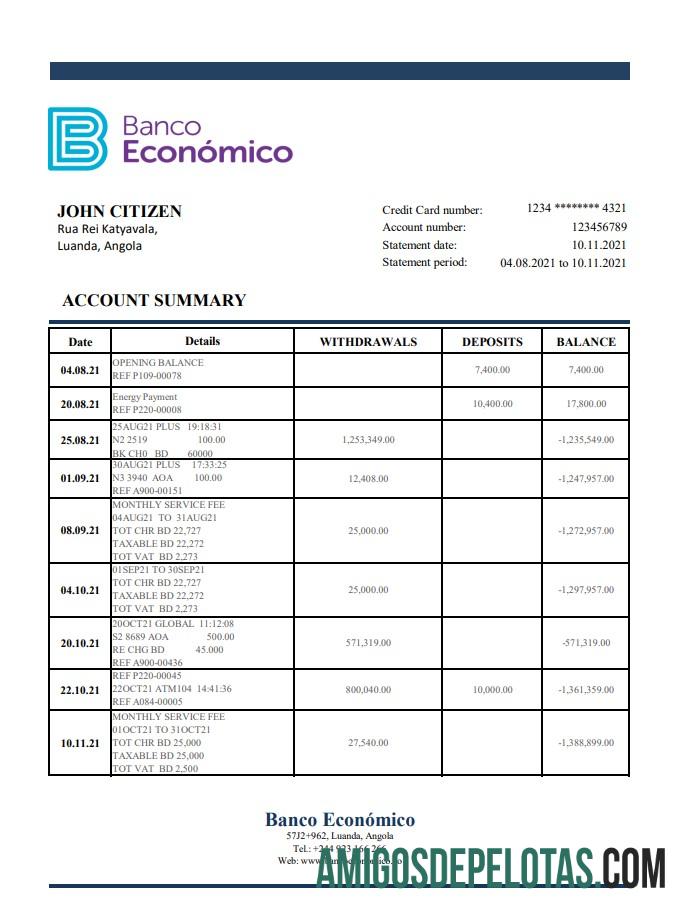 Modelo de extrato bancário Angola Banco Ecenomico para impressão em formato Excel e PDF